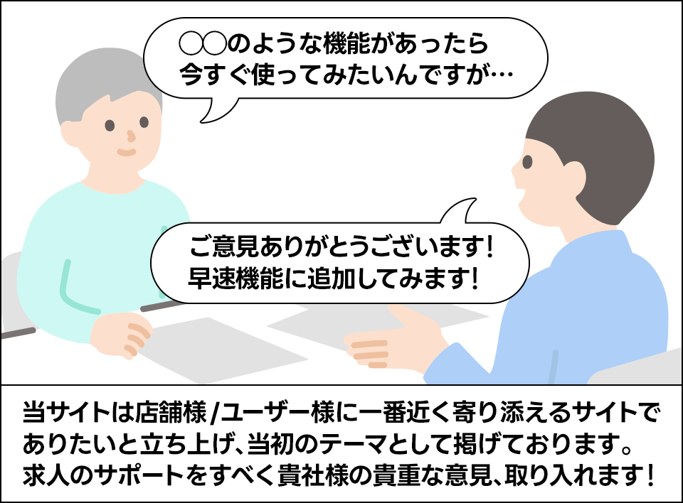 当サイトは店舗様・ユーザー様に一番近く寄り添えるサイトでありたいと立ち上げ、当初のテーマとして掲げております。求人のサポートをすべく貴社の貴重な意見、取り入れます！