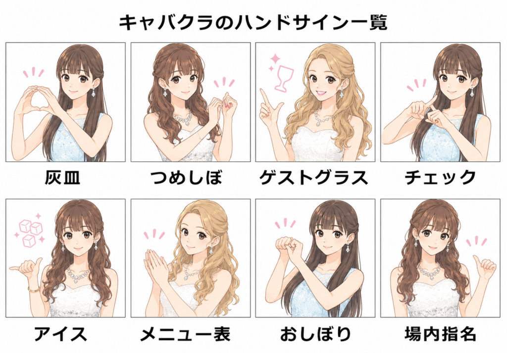 キャバクラのハンドサイン一覧　灰皿　つめしぼ　ゲストグラス　チェック　アイス　メニュー表　おしぼり　場内指名