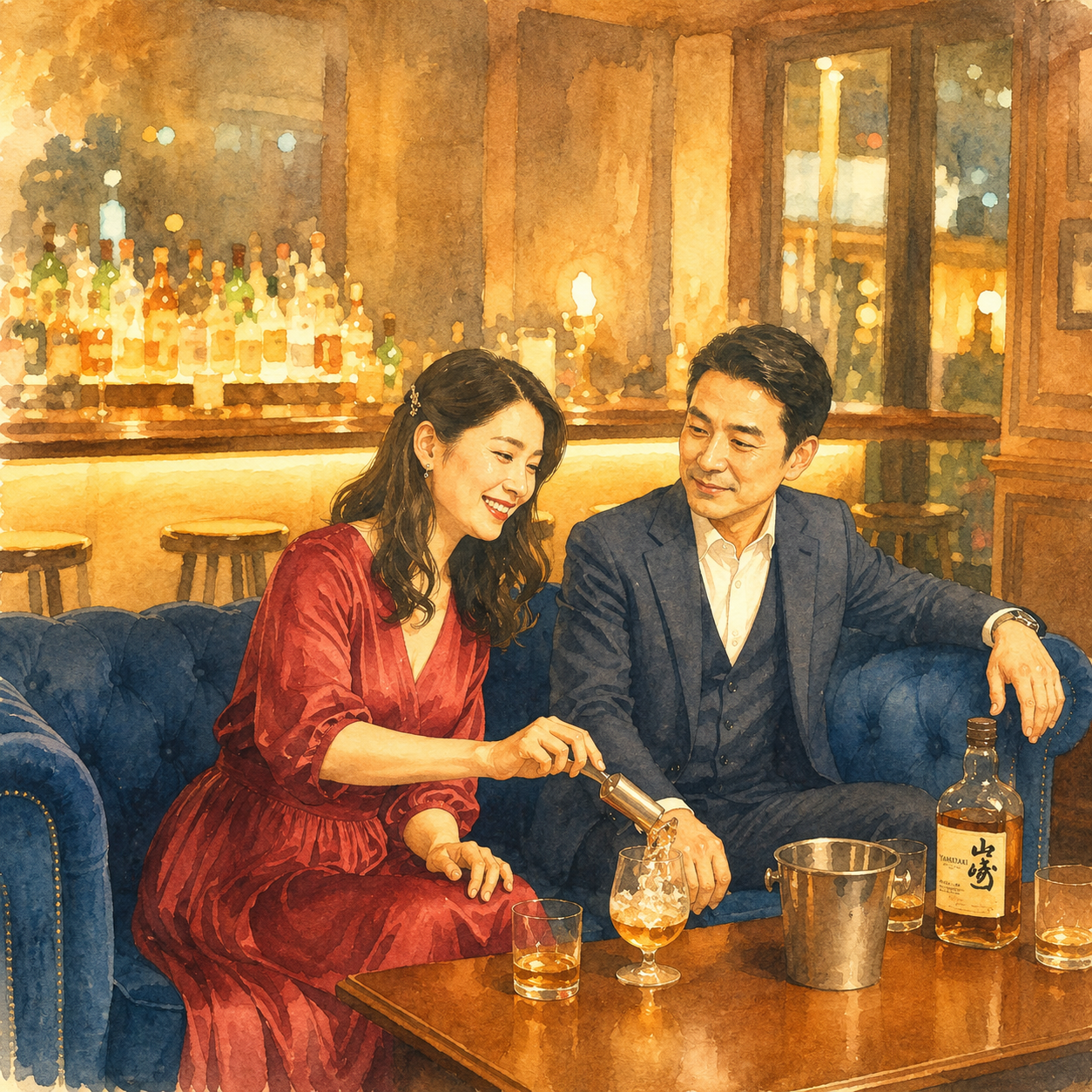 お酒を注ぐ女性