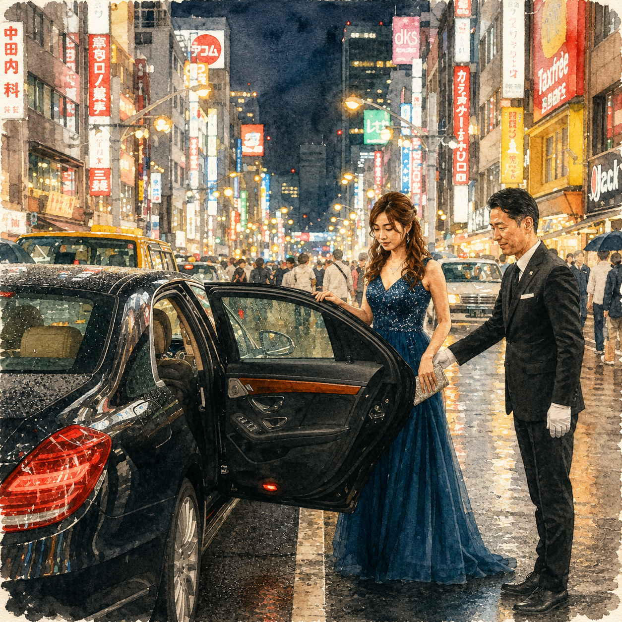 タクシーに乗る女性