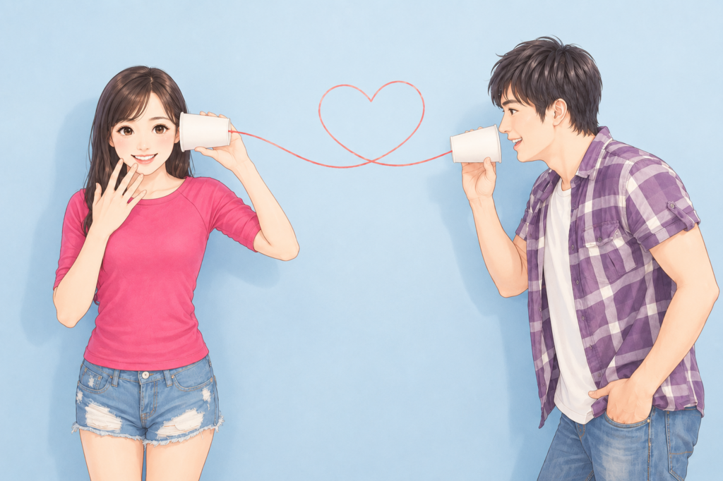 糸電話で会話する男女